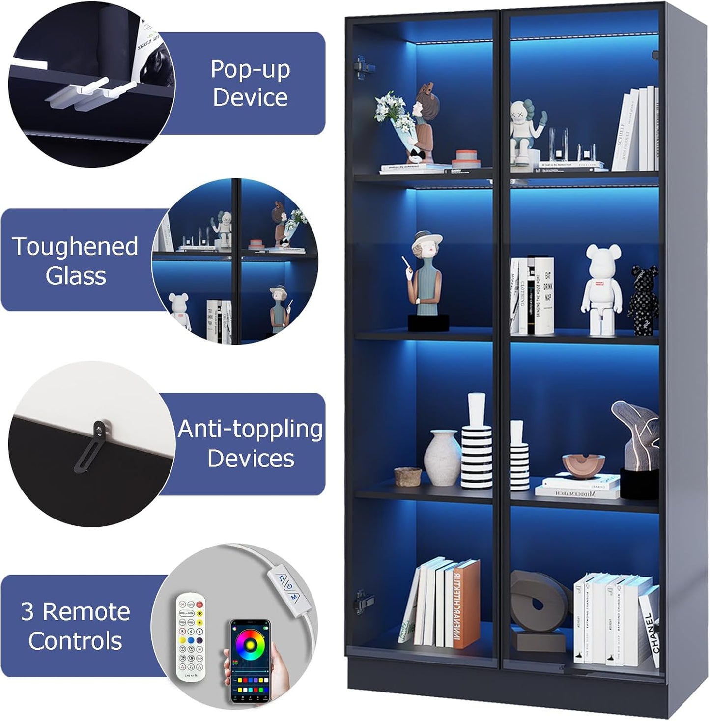 Glass Display Cabinet with LED Lights Set of 2, Display Case Bookcase with 4-Tier Shelves, Curio Cabinet with 2 Glass Doors, Storage Cabinet for Collectibles, Living Room