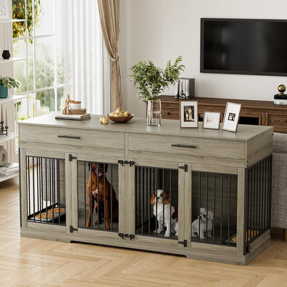 72" Dog Crate Furniture for 2 Dogs, Large Double Dog Kennel Indoor Furniture with 2 Storage Drawers and Removable Divider, Wooden Dog Cage with 4 Bowls, Dog House TV Stand for Medium Dog, Grey
