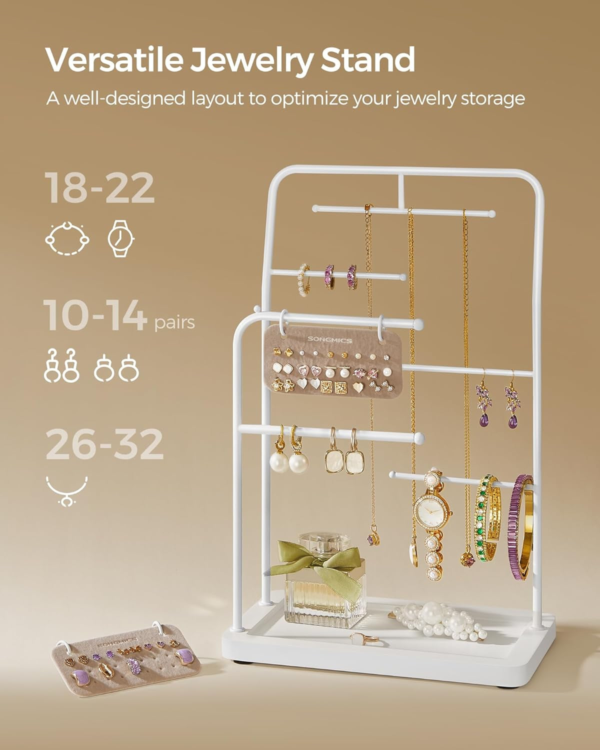 Jewelry Stand, Jewelry Organizer, Jewelry Display Holder with Metal Frame, 2 Earring Boards, 6 Hanging Rods, Necklace Earring Bracelet Holder, for Rings, Cloud White UJJS024W01