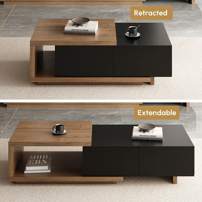Modern Mid-Century Coffee Table and TV Stand Set of 2, Extendable Entertainment Center Set for Living Room (Black & Walnut)