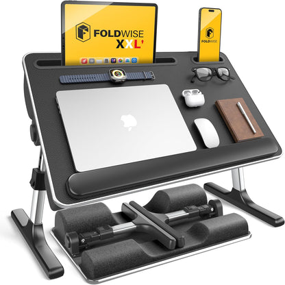 2-In-1 Lap & Bed Desk with Soft Cushions - Adjustable Height & Angle, Foldable Laptop Stand for Bed & Couch - Wrist Rest, Ipad Holder, Stopper & Non-Slip Leather - Bed Table for Adults & Kids