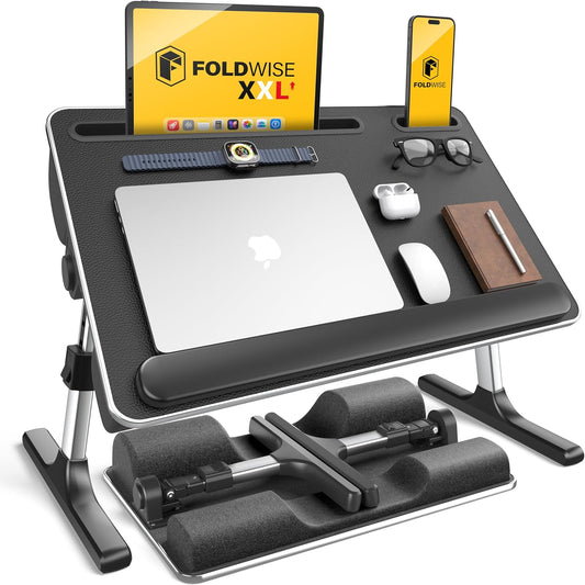 2-In-1 Lap & Bed Desk with Soft Cushions - Adjustable Height & Angle, Foldable Laptop Stand for Bed & Couch - Wrist Rest, Ipad Holder, Stopper & Non-Slip Leather - Bed Table for Adults & Kids