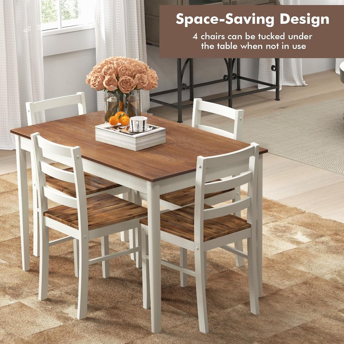 5-Piece Dining Table Set for 4 - Breakfast Nook Table Set with Kitchen Table, 4 Upholstered Chairs, Wood Legs, Space-Saving Dinette Set, Kitchen Table Chairs Set of 4 (White+Brown)
