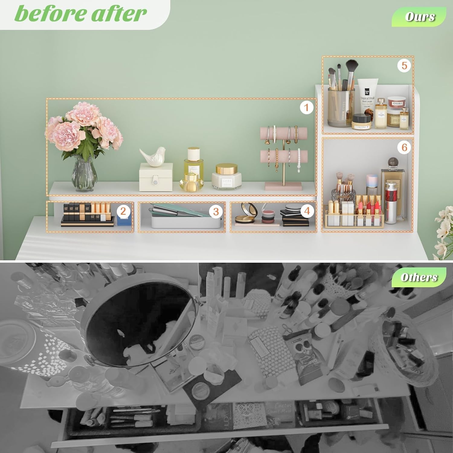 Vanity Desk, Small Vanity Desk with Power Outlet, Makeup Desk with Drawers and Cabinets, Vanity Set with Storage Shelves for Bedroom, No Mirror, White