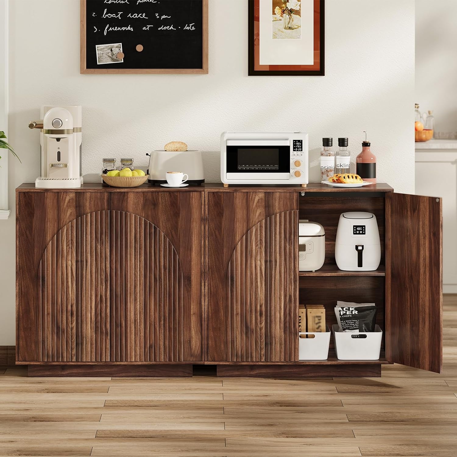 Buffet Cabinet, Sideboard Buffet Cabinet with Storage, Coffee Bar Cabinet, Push-To-Open Doors & Adjustable Internal Shelf, Buffet Table for Kitchen, Dining Room, Walnut MCB01HT