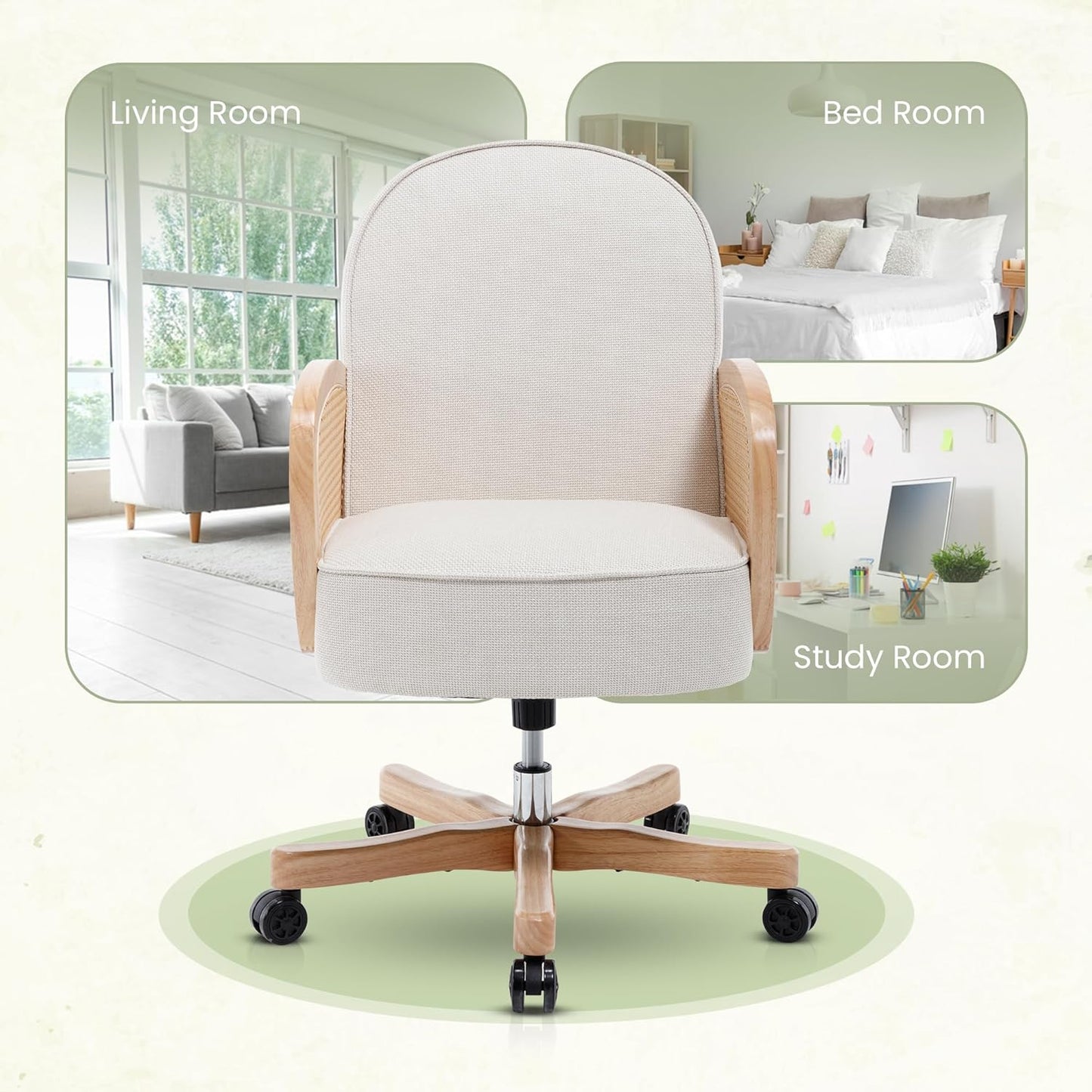 Rattan Desk Chair, Upholstered Home Office Chair with Rattan Armrest, Waterproof Cushion, Adjustable Swivel Rolling Height Computer Task Chair for Living Room Bed & Study Room, Ivory