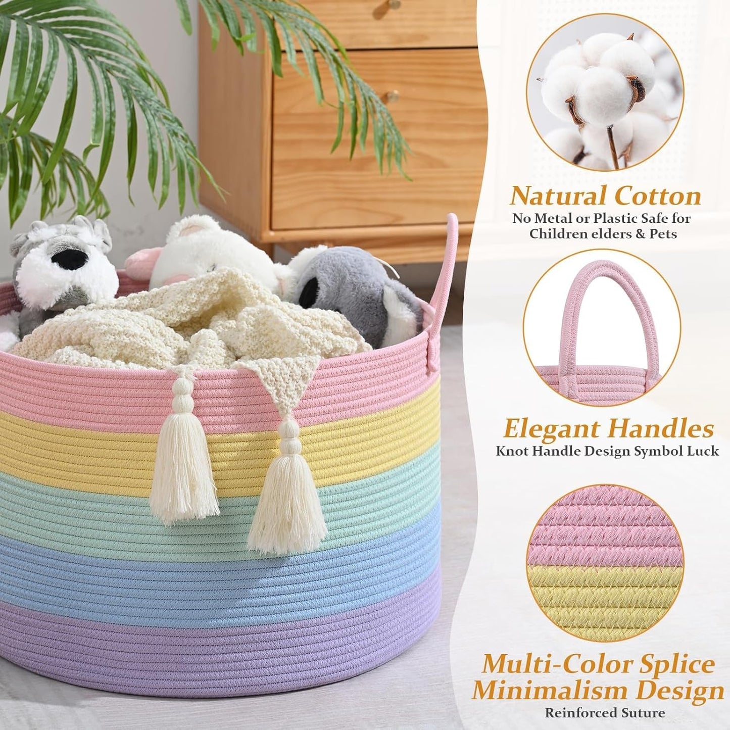 Rainbow Toy Basket, 20"X13" Extra Large Kids Toy Storage for Playroom Classroom Nursery, Woven Rope Blanket Basket with Handles, Stuffed Animal Organizer & Dog Toys Basket