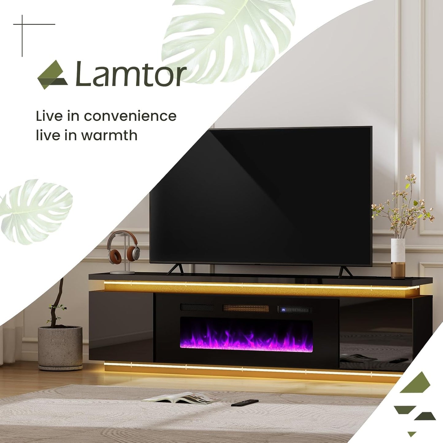 Fireplace Tv-Stand with 40" Fireplace - 2 LED Light Tv-Stand for 85 Inch Tvs - Entertainment Center with 4 AC Power Outlets - 2 Tier TV Consoles Stand for Living Room, Black