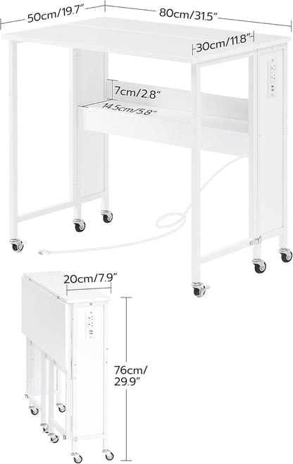 31.5" Modern White Folding Computer Desk with Power Outlets, Wheels, Storage, Perfect for Small Spaces White TDN01UWB