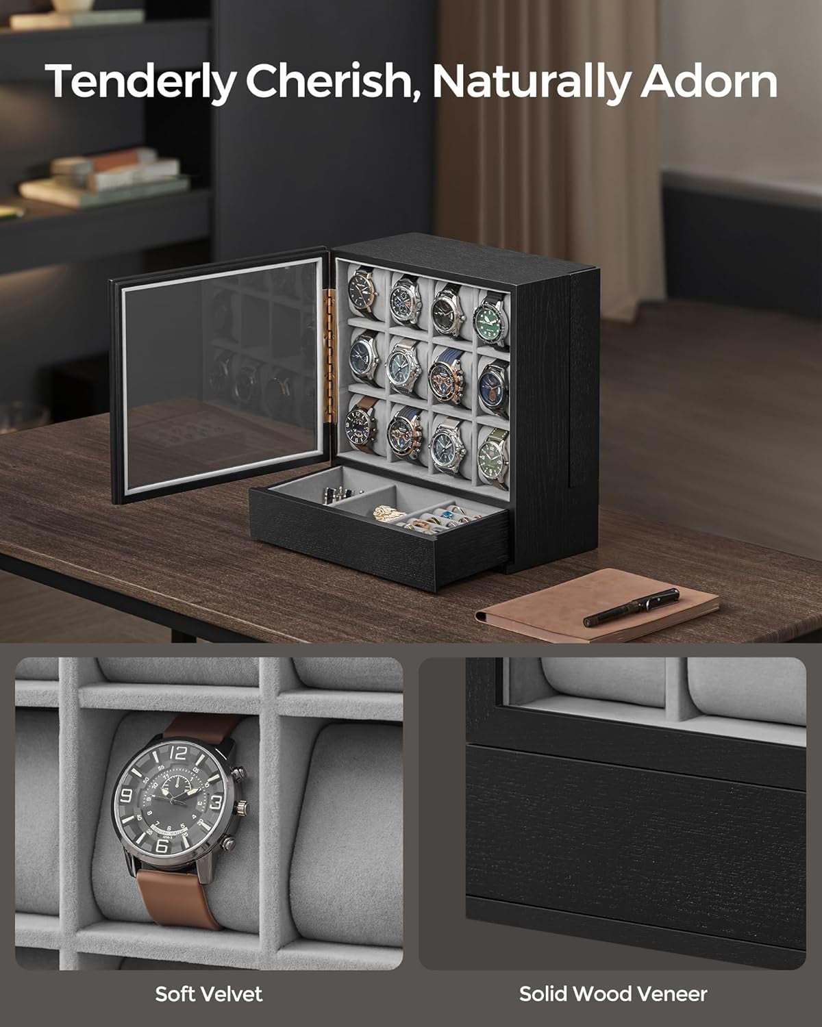 12-Slot Watch Box, Watch Display Case with Window, Solid Wood Veneer, Velvet Lining, Vertical Storage, Space Saving, Gift Idea, Ebony Black UJOW014B01