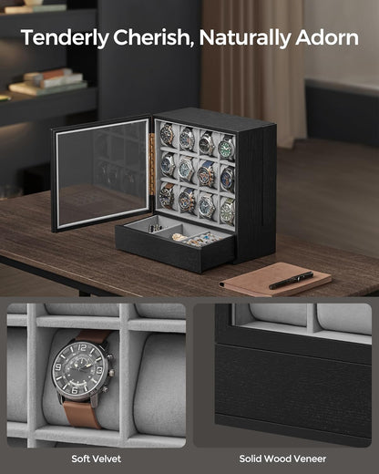12-Slot Watch Box, Watch Display Case with Window, Solid Wood Veneer, Velvet Lining, Vertical Storage, Space Saving, Gift Idea, Ebony Black UJOW014B01