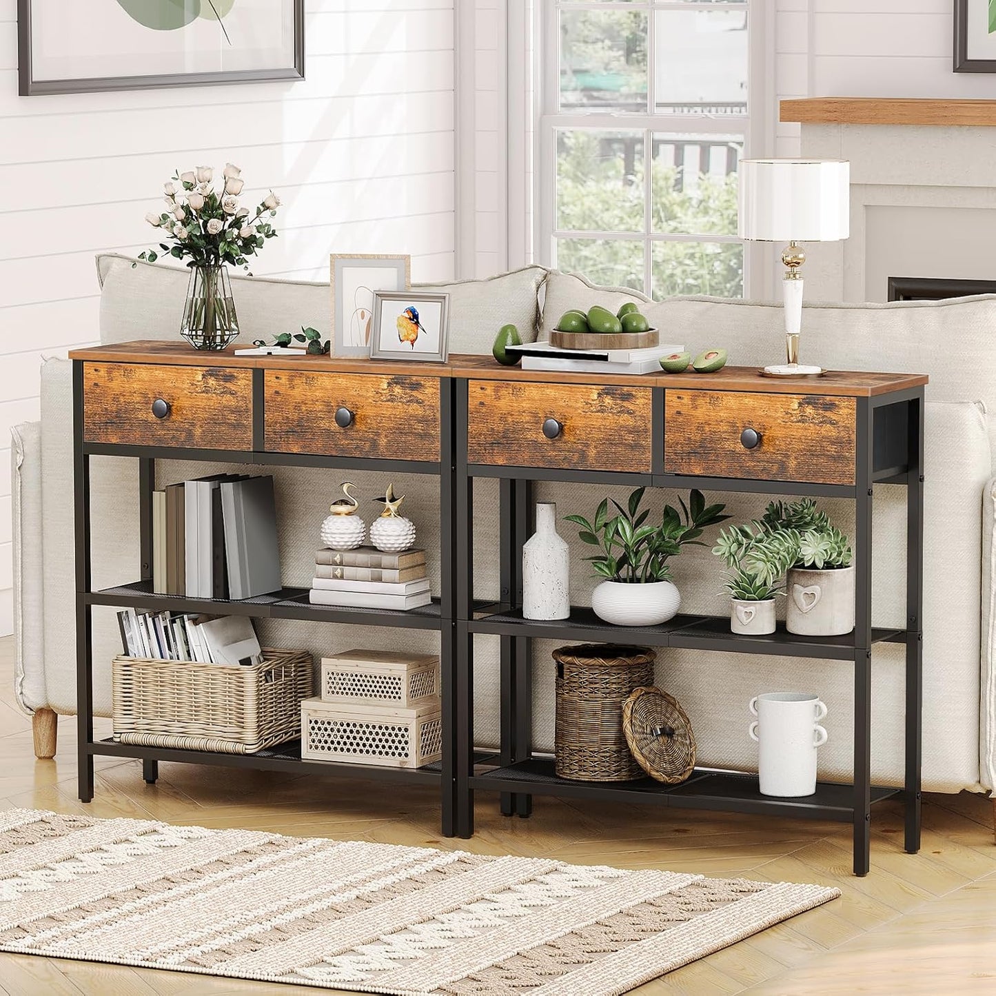 29.5" Narrow Console Table with 2 Fabric Drawers, Sofa Table, Small Entryway Table with 3-Tier Storage Shelves, behind Couch Table, for Living Room, Hallway, Rustic Brown and Black BF72XG01