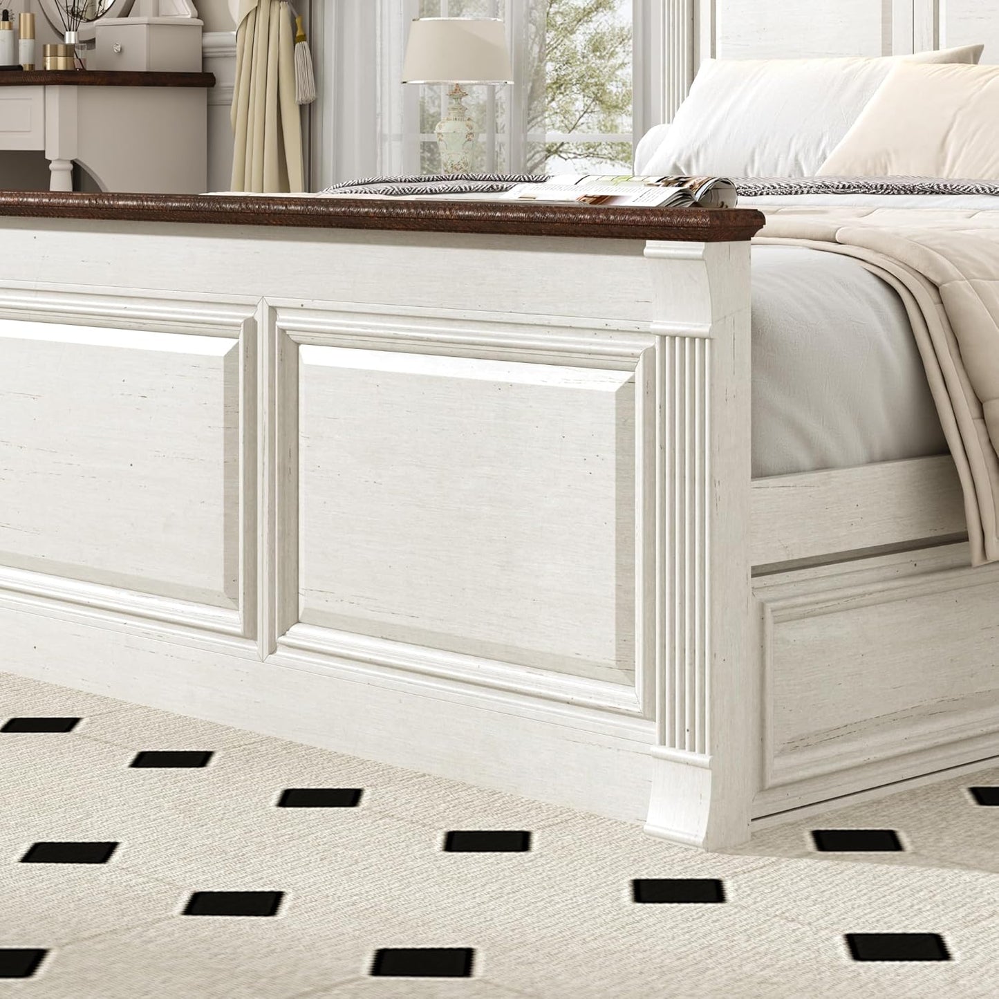 Farmhouse King Size Bed Frame with 55" Tall Storage Headboard & 4 Drawers, Wood Roman Column Platform Bed Frame with 24" Tall Footboard, LED Light, Charging Station, No Spring Needed, Antique White