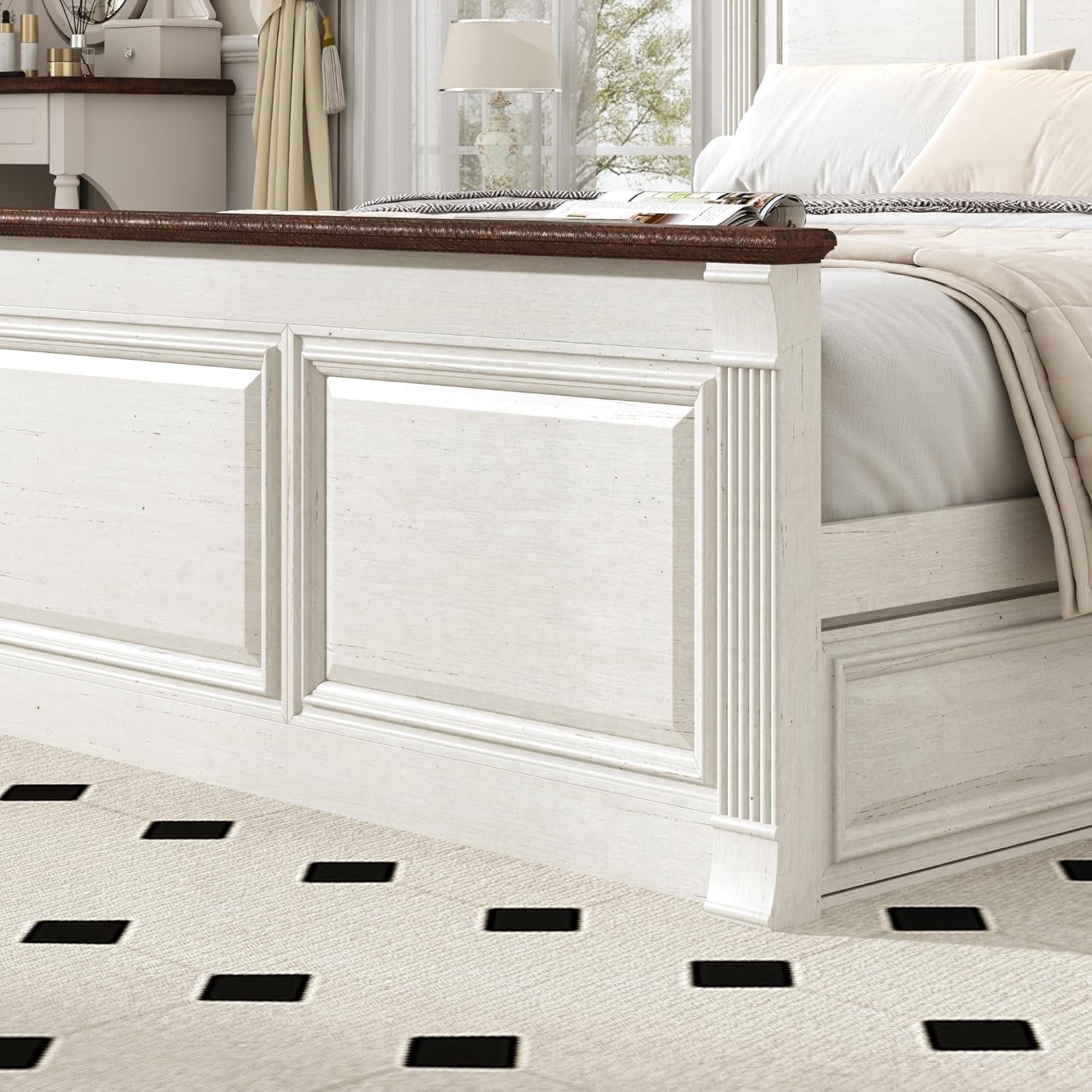 Farmhouse King Size Bed Frame with 55" Tall Storage Headboard & 4 Drawers, Wood Roman Column Platform Bed Frame with 24" Tall Footboard, LED Light, Charging Station, No Spring Needed, Antique White