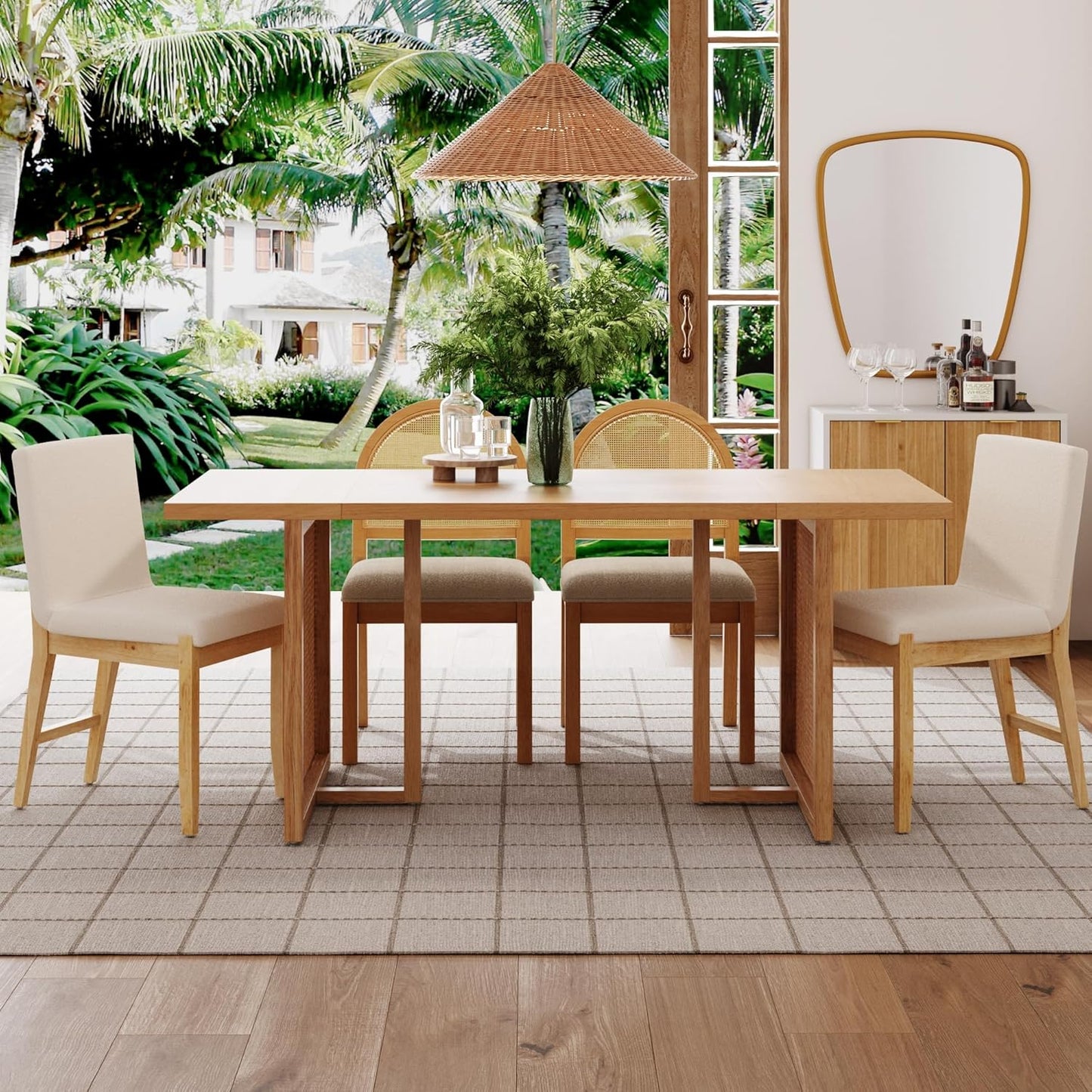 Willow Boho Dining Table for 6 with Solid Wood Legs, 6-Person Natural Wood Dining Table, Warm Pine or Brown with Bohemian Rattan Accent