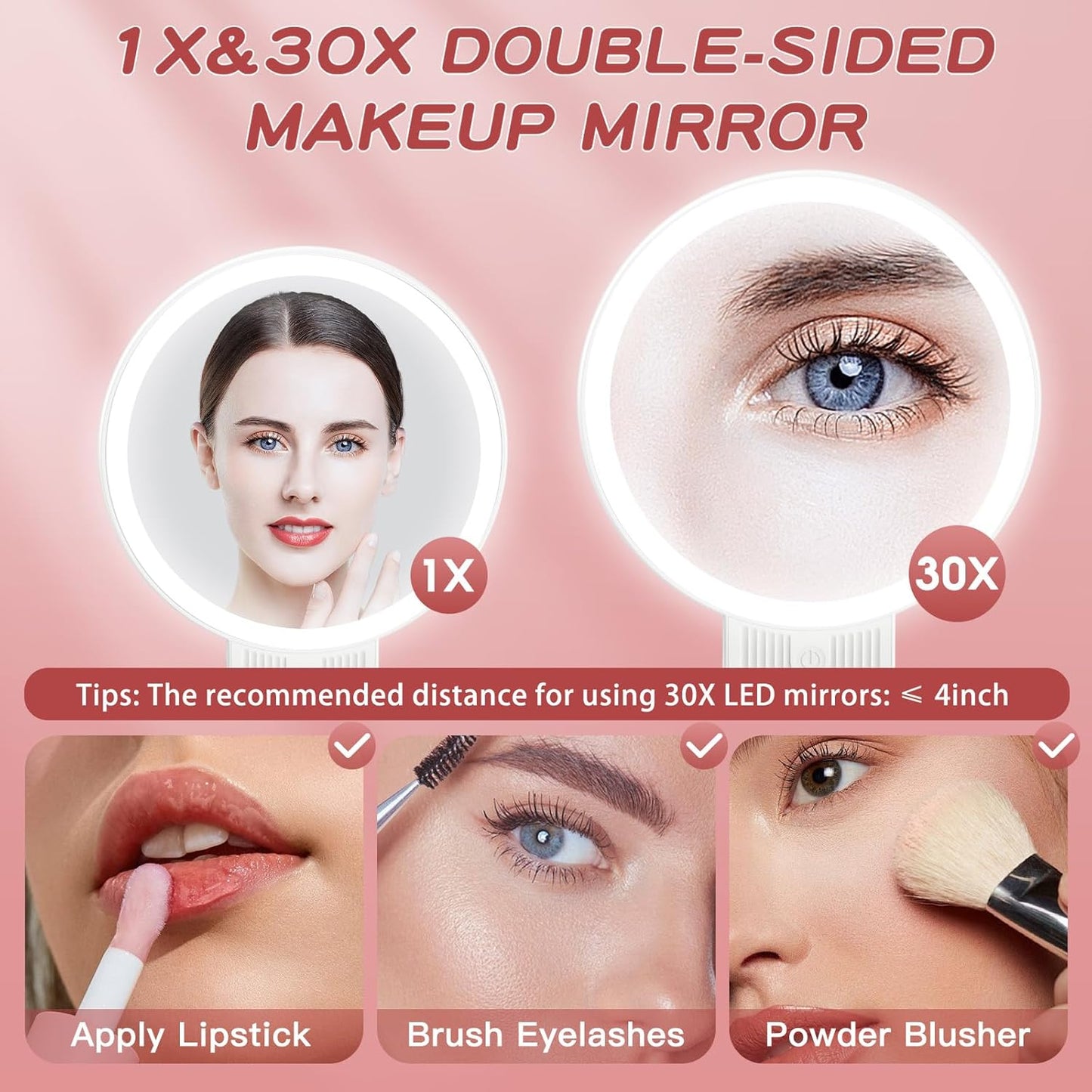 1X/30X Magnifying Mirror with Light and Adjustable Brightness, Makeup Mirror with 360° Rotation Adjustable Folding Handle, Portable Rechargeable Double Sided Mirrors, Foldable Vanity Mirror (White)