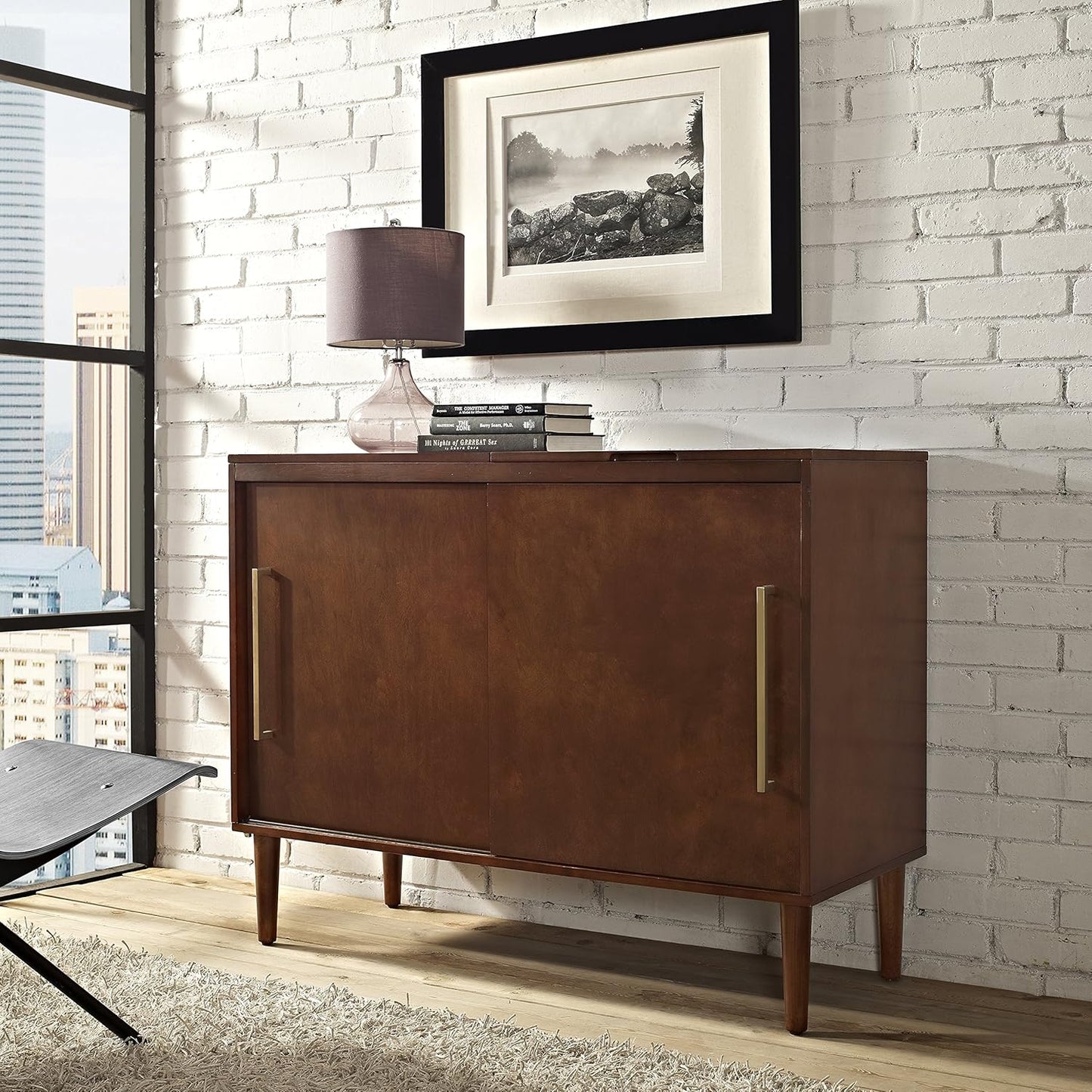 Everett Media Console and Record Player Stand with Storage for Vinyl Records, Mahogany