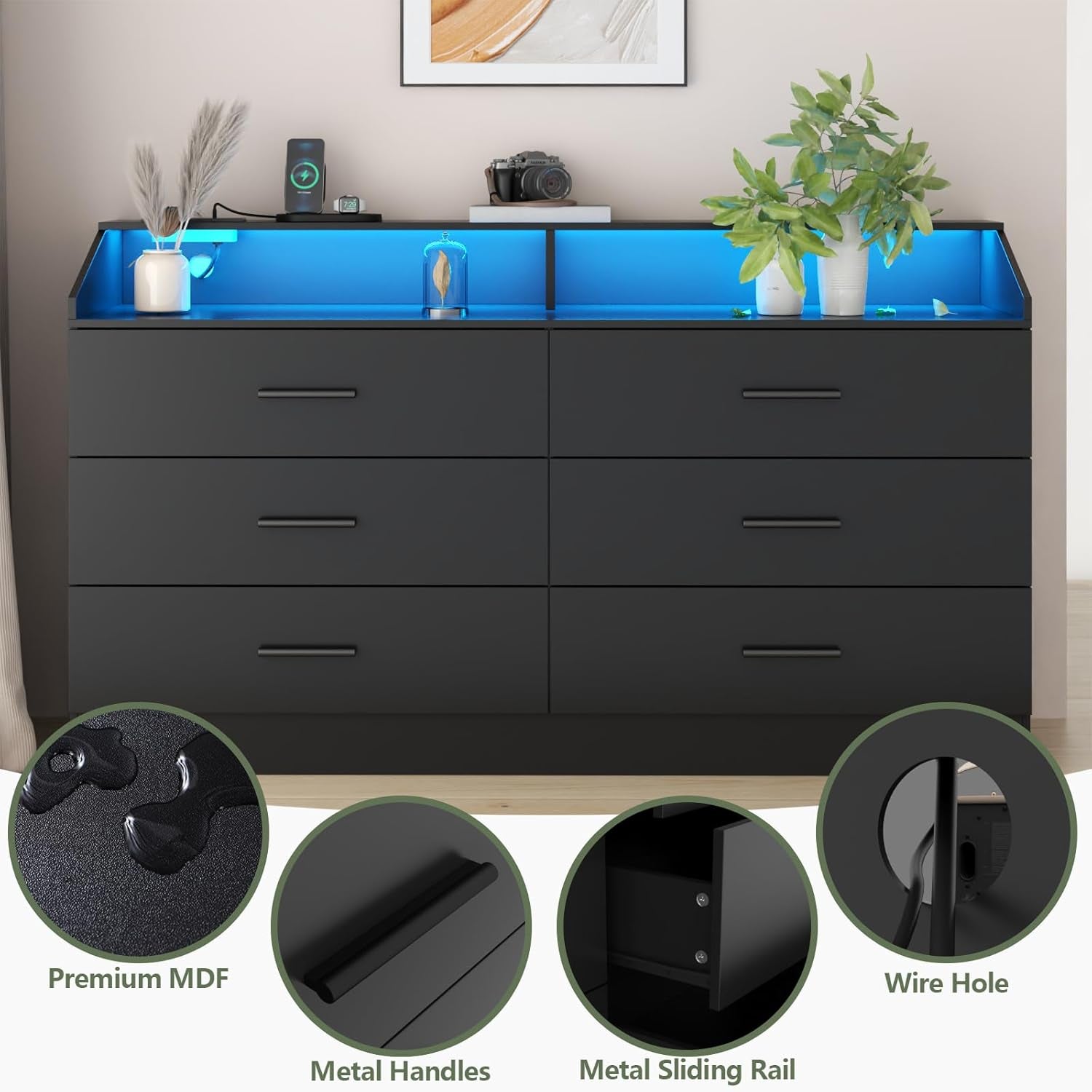 6 Drawer Dresser with Power Outlet, Chest of Drawers with LED Light, Modern Dresser with Open Storage Cubby, Double Wide Dressers Organizer for Bedroom, Living Room, Entryway, Hallway