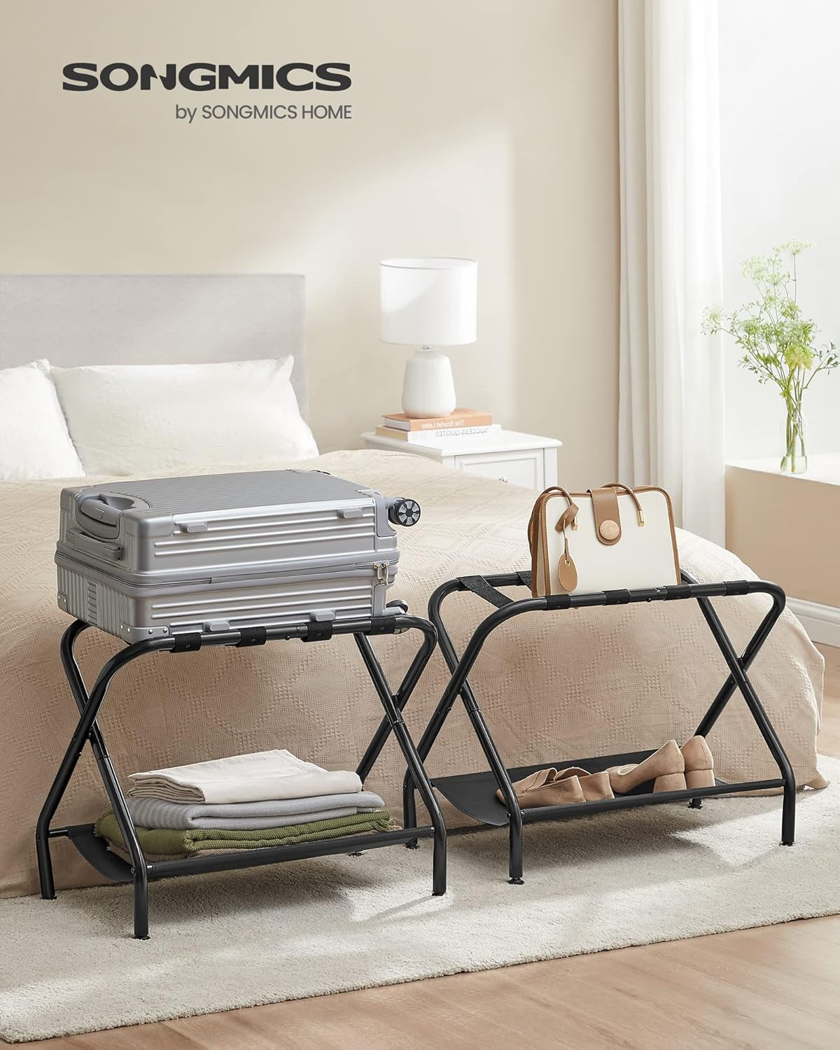 Luggage Racks, Set of 2, Suitcase Stand with Fabric Storage Shelf, for Guest Room, Bedroom, Hotel, Foldable Steel Frame, Holds up to 110 Lb, 27.2 X 15 X 20.5 Inches, Black URLR002B02