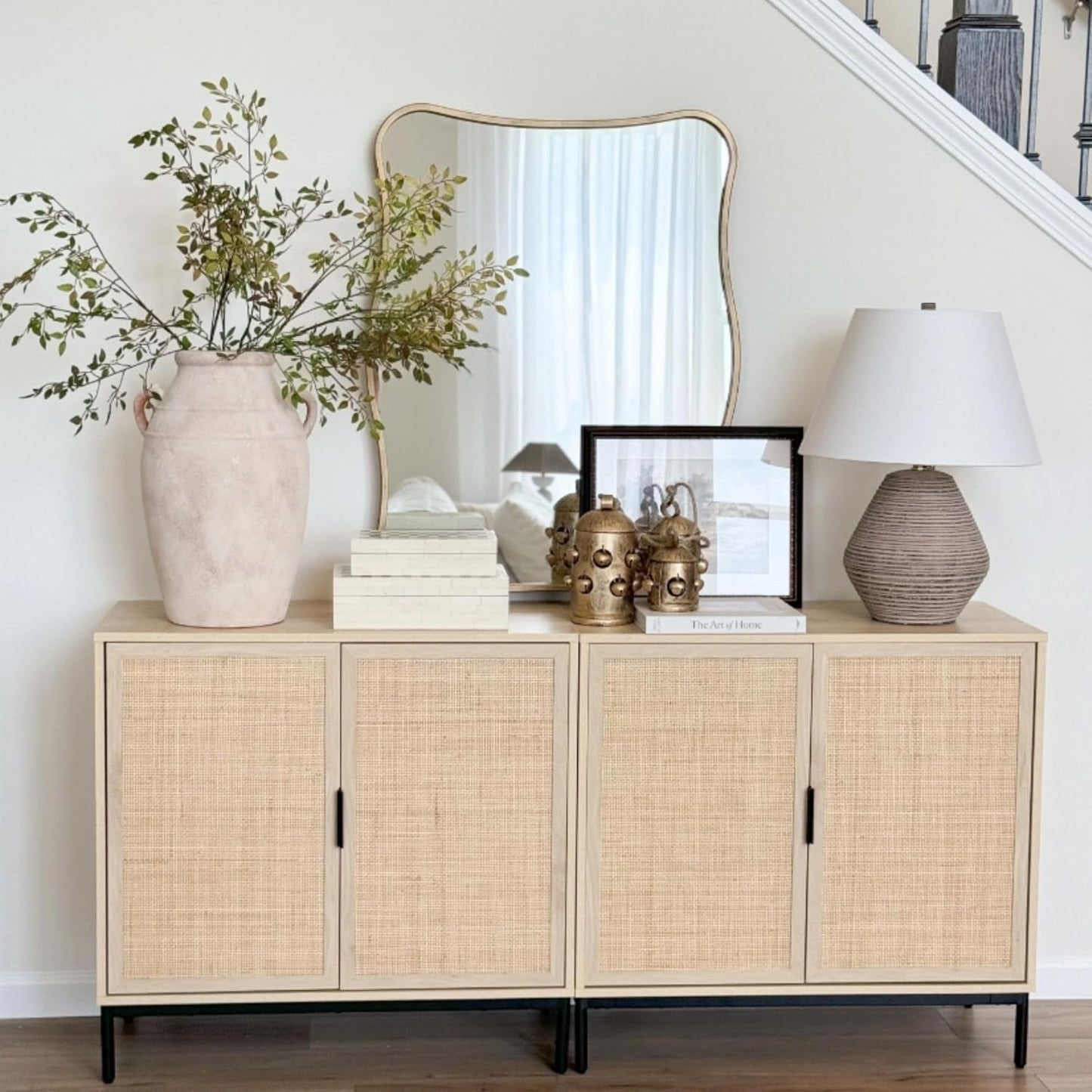 Andrew Bohemian Entryway Storage Cabinet or Kitchen Sideboard Credenza, Rattan Accent Cabinet with Metal Legs, Light Oak/Matte Black