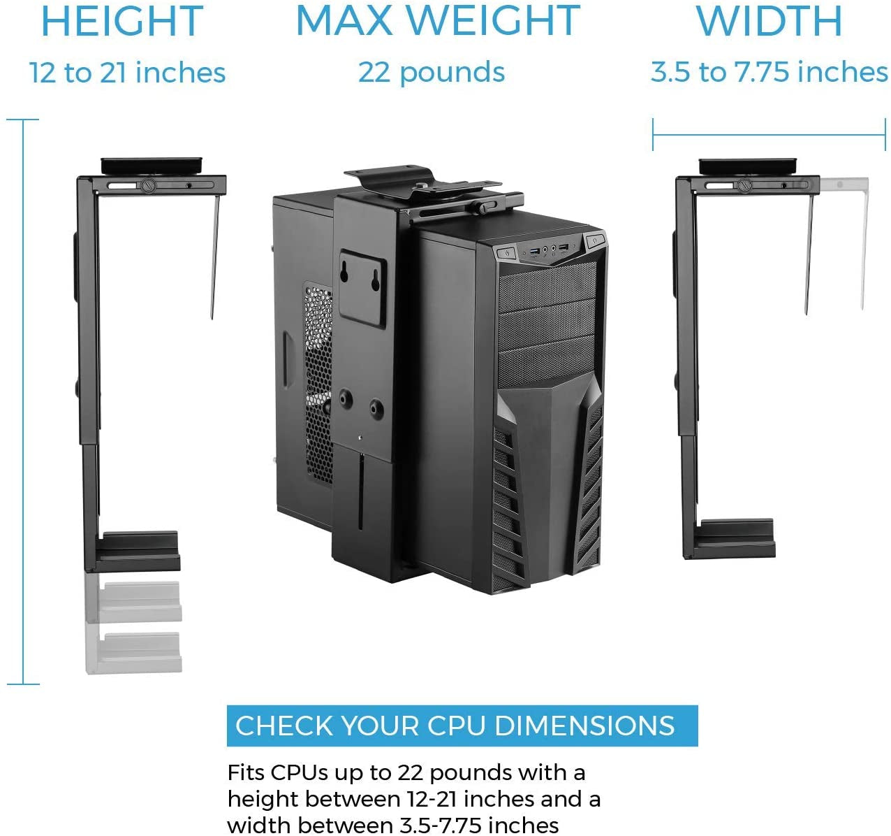 Adjustable under Desk Computer Mount and Wall Mount, CPU Holder Fits Most PC or Computer Cases, Adjustable Height and Width, Full 360 Swivel, up to 22 Lb, Hardware Included