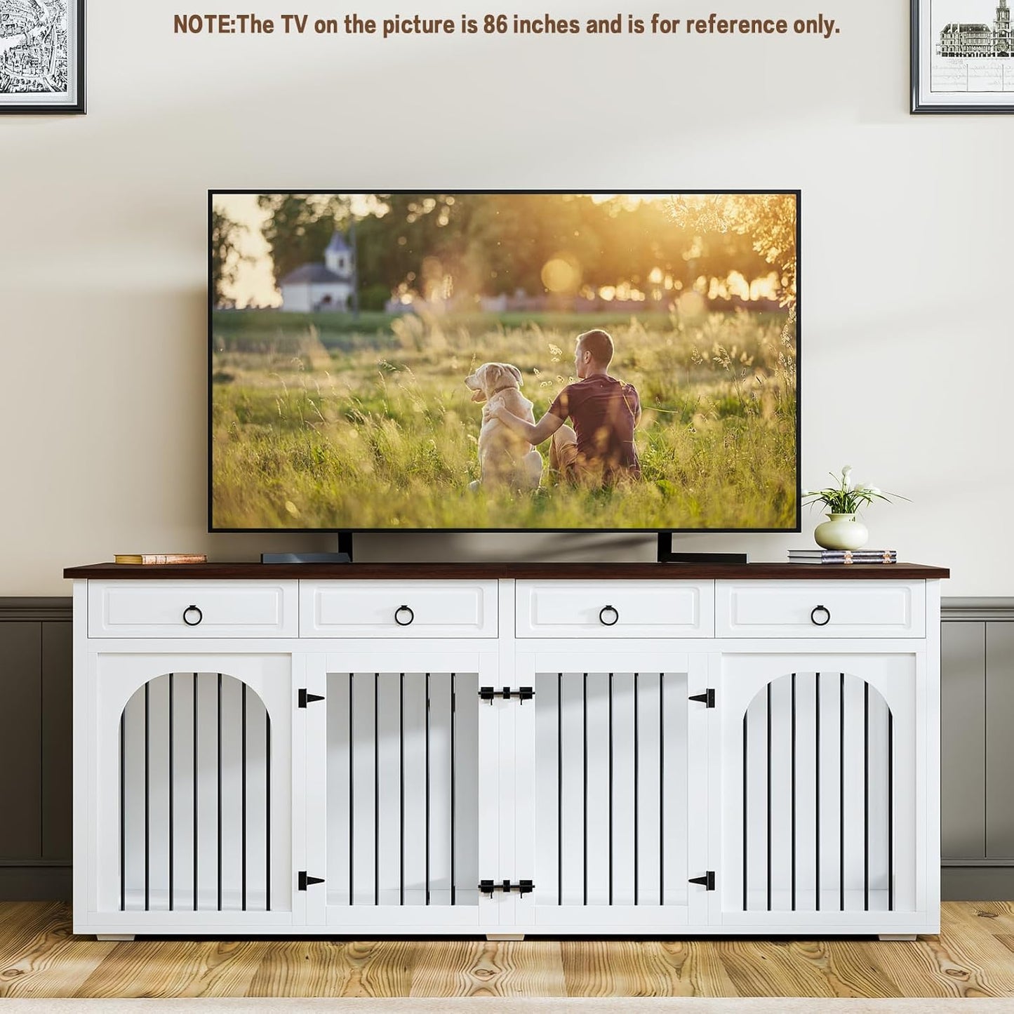 86.6" Large Dog Crate Furniture for 2 Dogs,Xxxl Wooden Furniture-Style Double Dog Crates Kennel Cage TV Stand Table with 4 Drawers Divider Locks,White