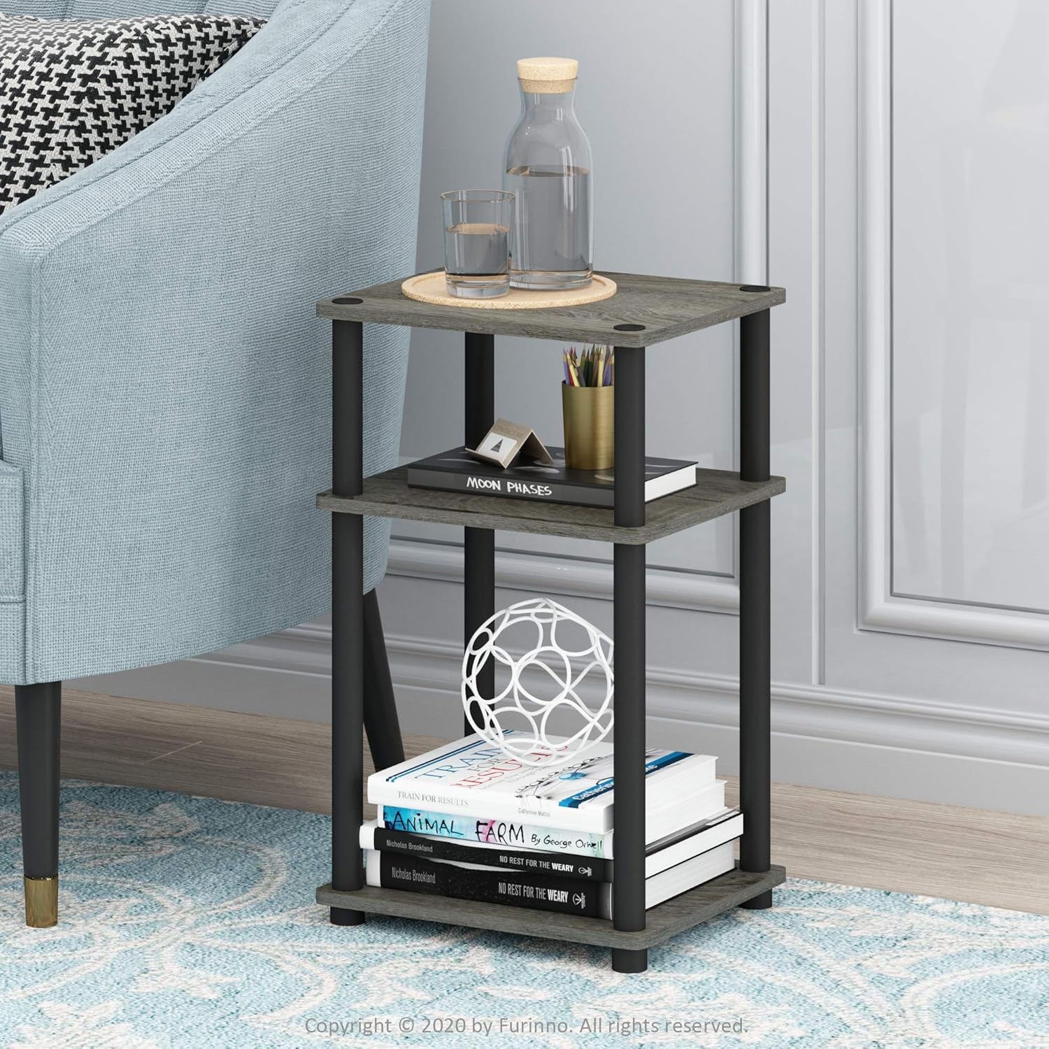JUST Side Table, 3-Tier End Table, Open Shelves Night Stand, Bedside Table, Toolless Assembly, for Living Room, Bedroom, Bathroom, French Oak