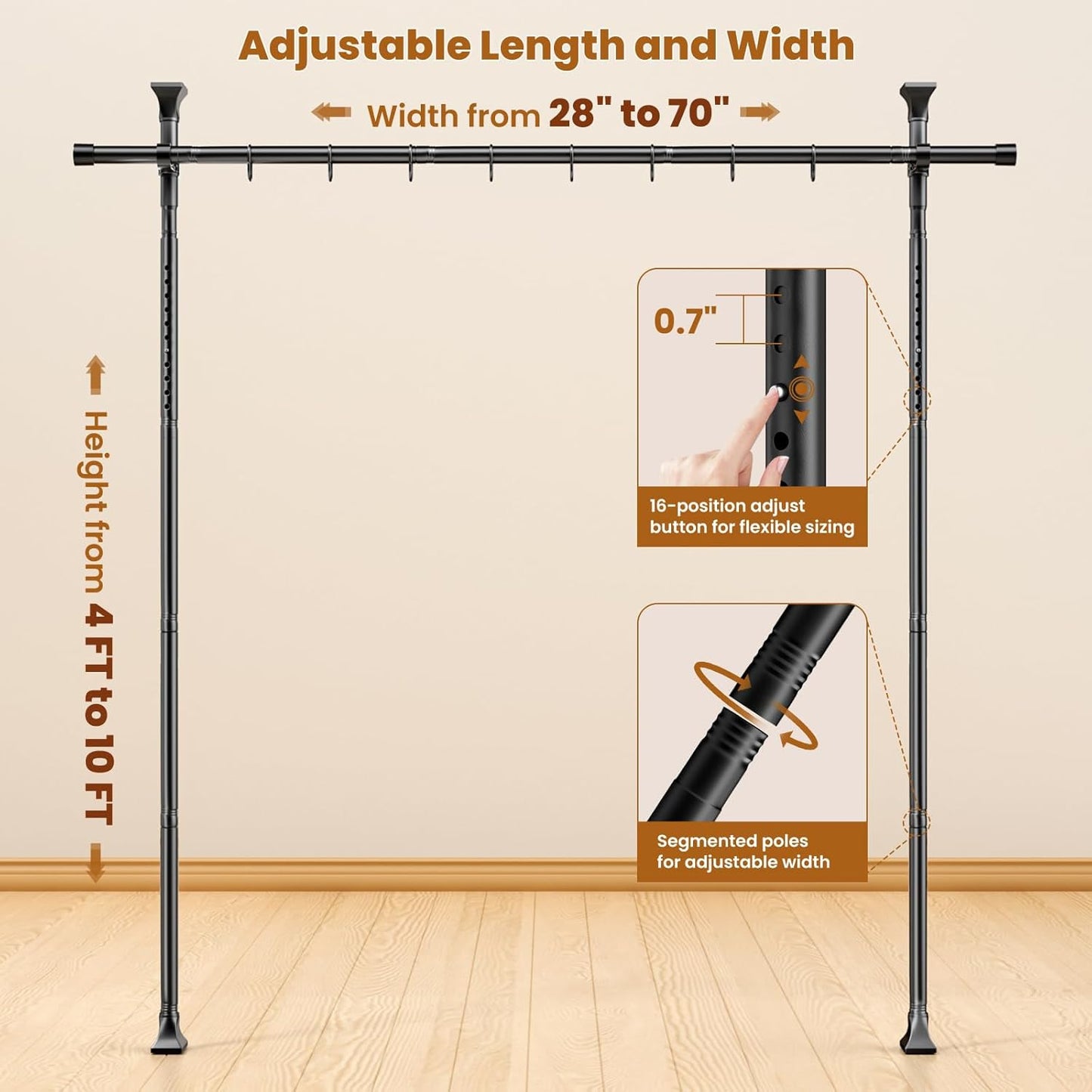 Room Divider Curtain Rods No Drilling, Adjustable 4-10Ft(H) Wall Divider for Room Separation, Temporary Privacy Tension Curtain Rods, Freestanding Space Room Separator, Black