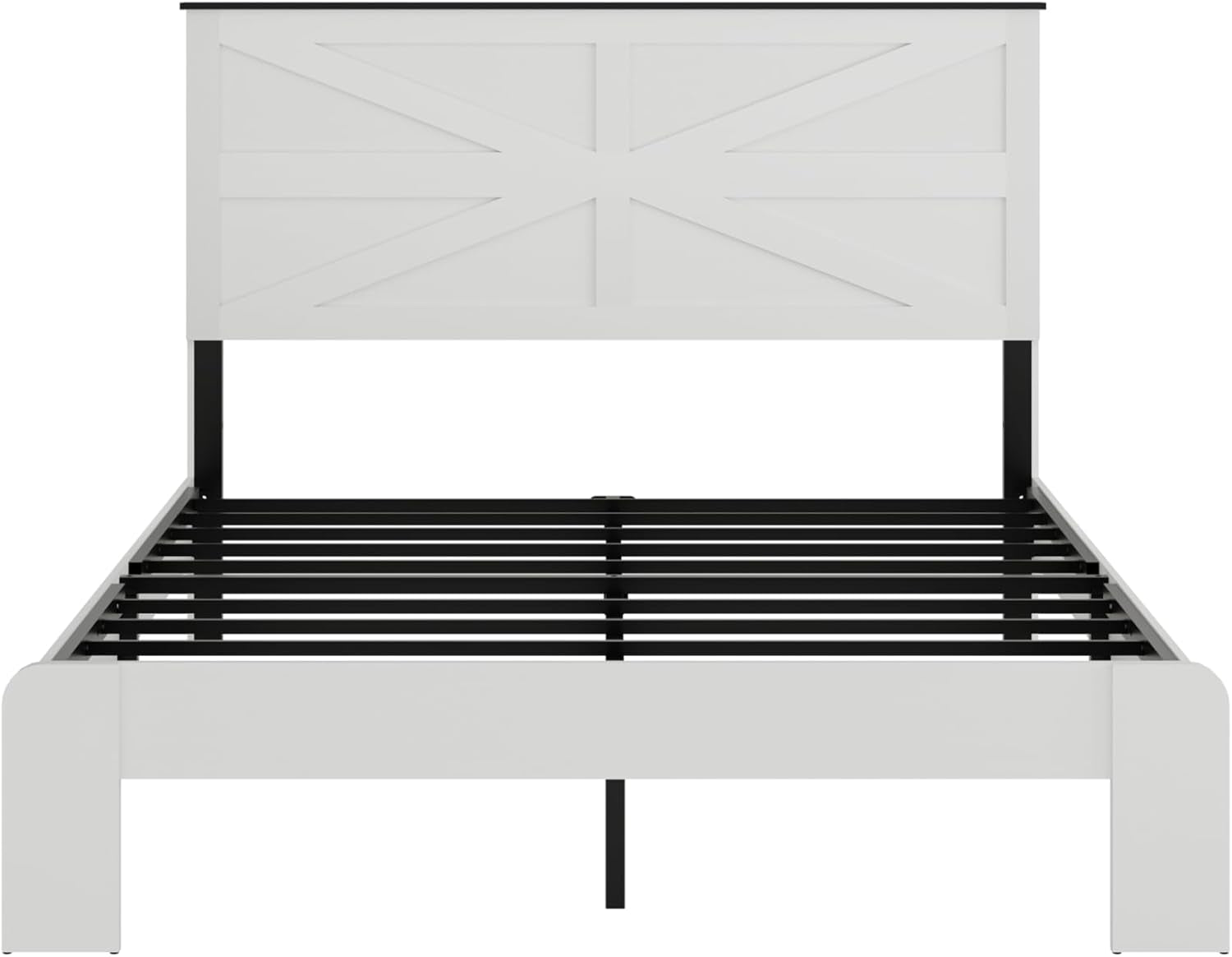 Farmhouse Queen Size Wooden Bed Frame with Headboard, Boho Platform Bedframe, Sturdy Metal Slats Support, No Box Spring Needed, Noise Free, Easy Assembly, White