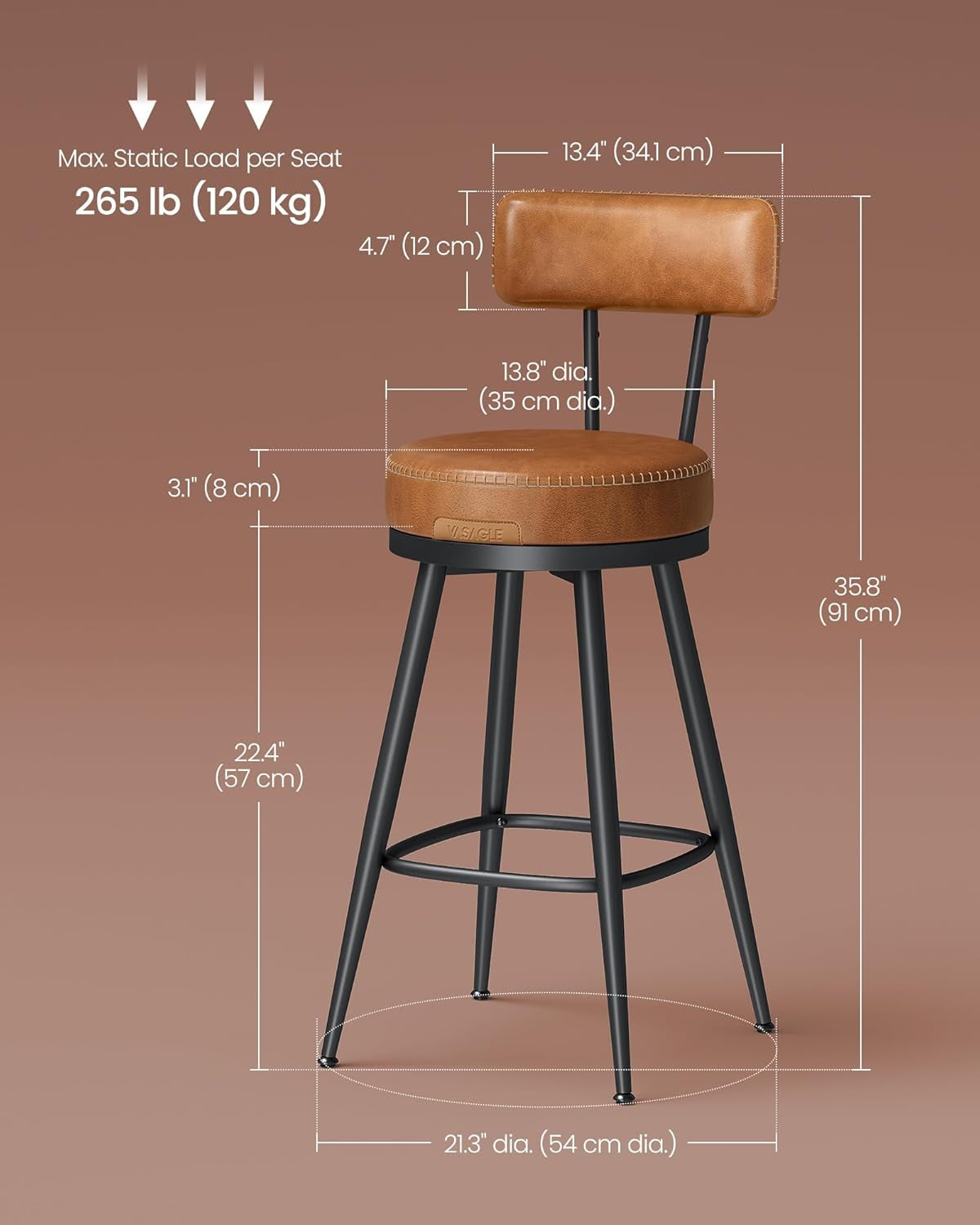 EKHO Collection - Bar Stools Set of 2, Swivel Counter Height Bar Stools with Back, Synthetic Leather with Stitching, Mid-Century Modern, 25.6-Inch Tall Barstools for Kitchen Bar, Caramel Brown