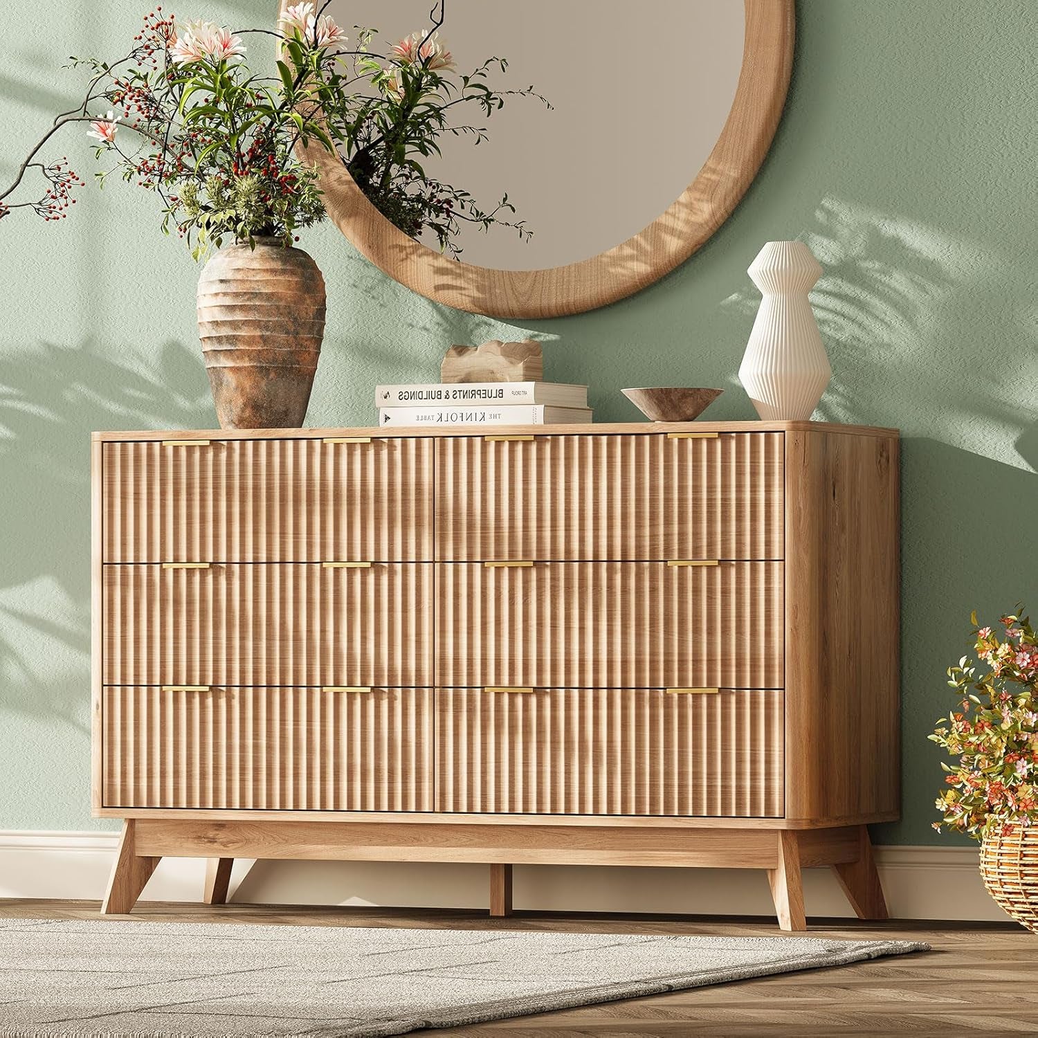 47'' Wide 6 Drawers Dresser for Bedroom,Modern Fluted Vertical Chest with Rounded Corners,Fluted Dresser for Living Room,Hallway, Natural Wood