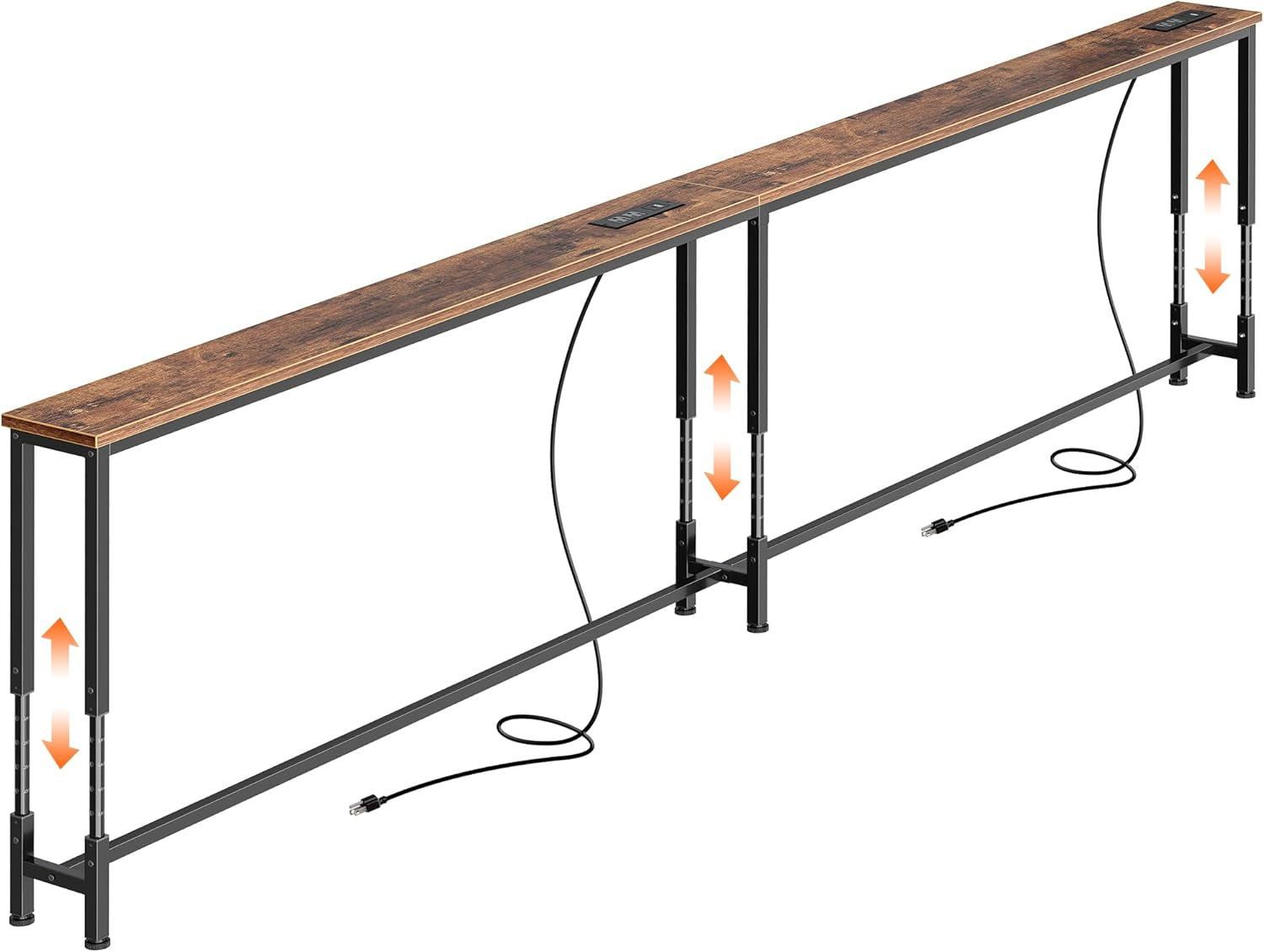 102.4 Inch Sofa Table with Power Outlets, 23.9’’-34.4’’ Height Adjustable Range, behind Couch Table with USB-C Ports, Sofa Tables Narrow Long, Skinny Console Table, Small Spaces, Rustic Brown