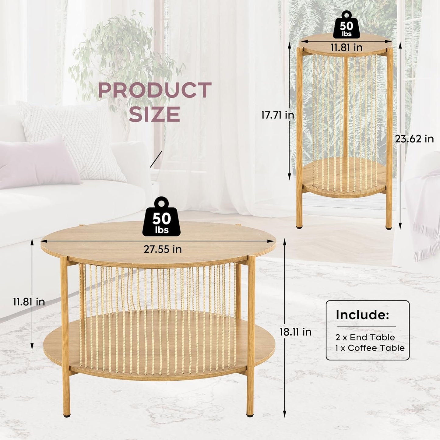 Natural Fiber Rope Coffee Table Set of 3 for Living Room, round Rattan Coffee Table and Two End Tables, Boho 2 Tier Modern Side Table with Metal Frame for Apartment Office (Natural)