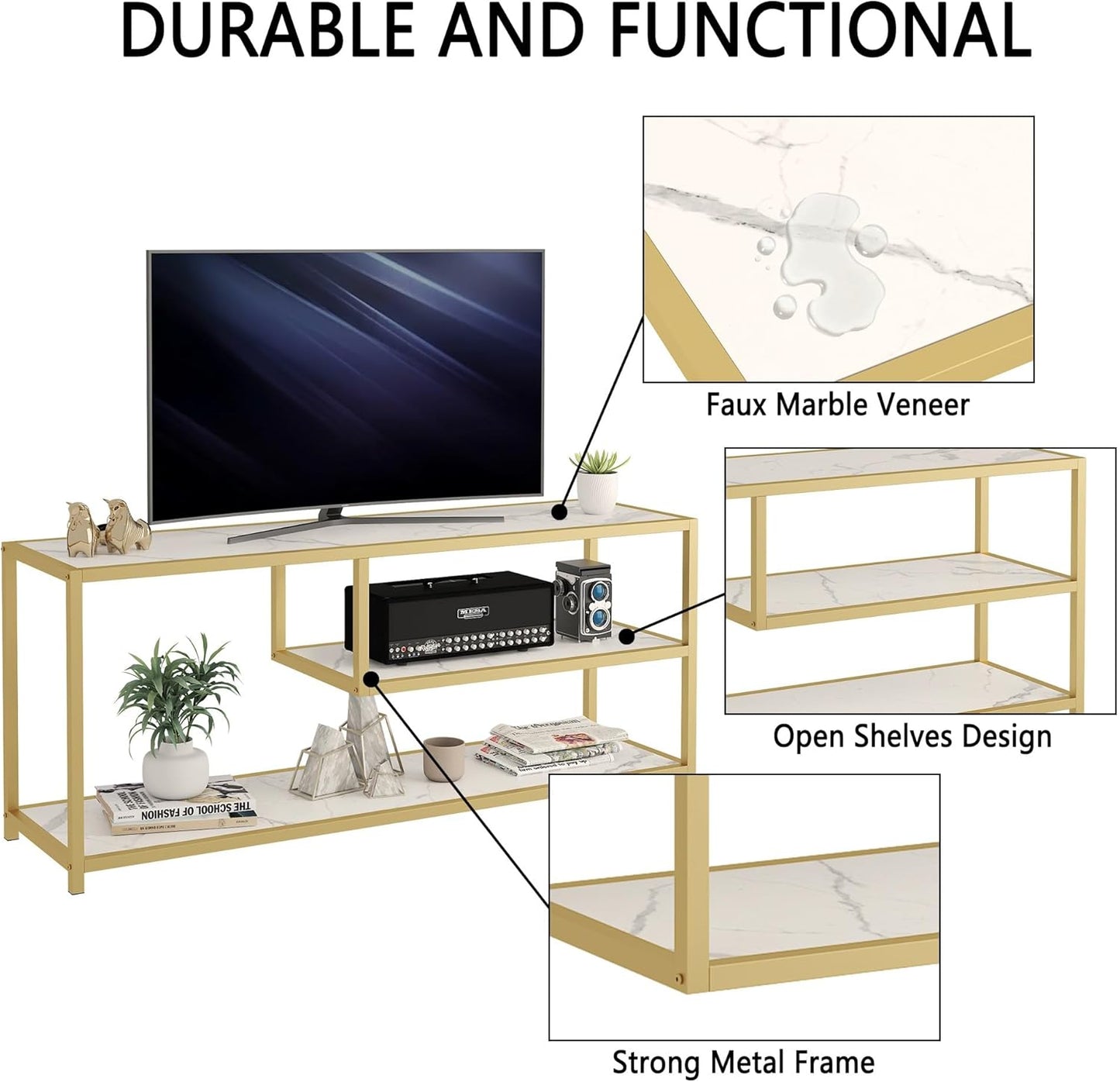 TV Stand for Tvs up to 55 Inch, 3 Tier Entertainment Center, Media Console with Open Storage Shelves for Living Room Bedroom, 47” Modern TV Table with Faux Marble Top Gold Metal Leg