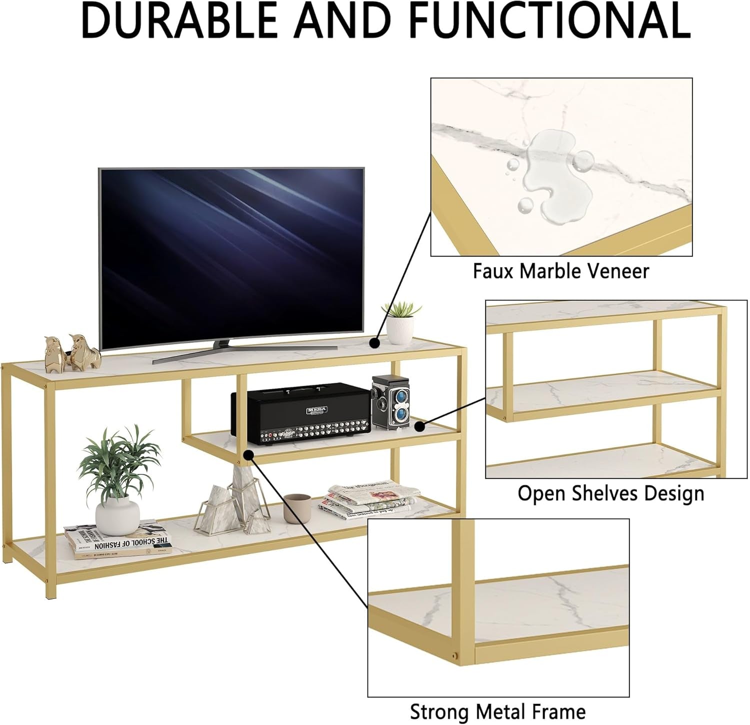 TV Stand for Tvs up to 55 Inch, 3 Tier Entertainment Center, Media Console with Open Storage Shelves for Living Room Bedroom, 47” Modern TV Table with Faux Marble Top Gold Metal Leg