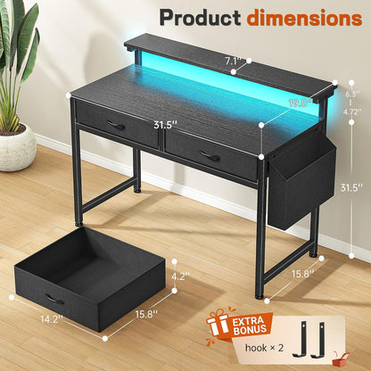 31.5Inch Office Computer Desk with LED Lights & 2 Fabric Drawers, Gaming Desk with Side Pocket & Ergonomic Monitor Stand, Small Space Study Writing Table with Anti-Tip Design,Black