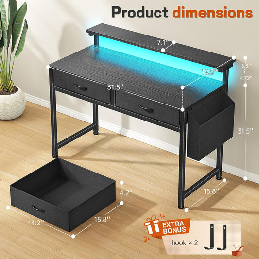31.5Inch Office Computer Desk with LED Lights & 2 Fabric Drawers, Gaming Desk with Side Pocket & Ergonomic Monitor Stand, Small Space Study Writing Table with Anti-Tip Design,Black