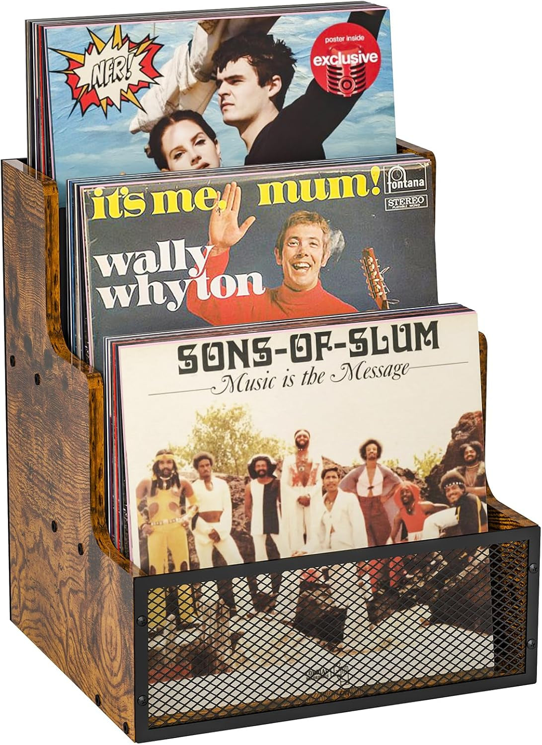 Vinyl Record Storage,Stepped 3 Tier LP Vinyl Record Crate,Vinyl Record Album Holder,Holds up to 60 Records,Desktop Metal & Wooden Record Box Case Crate