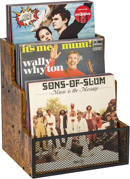 Vinyl Record Storage,Stepped 3 Tier LP Vinyl Record Crate,Vinyl Record Album Holder,Holds up to 60 Records,Desktop Metal & Wooden Record Box Case Crate