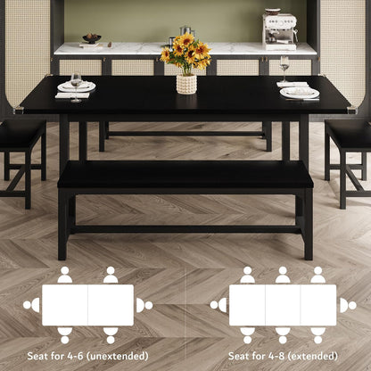 5-Piece Dining Table Set for 4-8 People, Extendable Kitchen Table Set with 2 Benches and 2 Square Stools, Mid-Century Dining Room Table with Metal Frame & MDF Board, Saving Space, Black