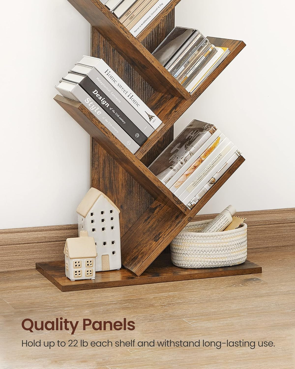 Tree Bookshelf, 5-Tier Bookcase, Small Bookshelf, Space-Saving Corner Shelf, Book Tree, Holds Books, Cds, Games, for Bedroom, Living Room, Home Office, Rustic Brown ULBC183X01