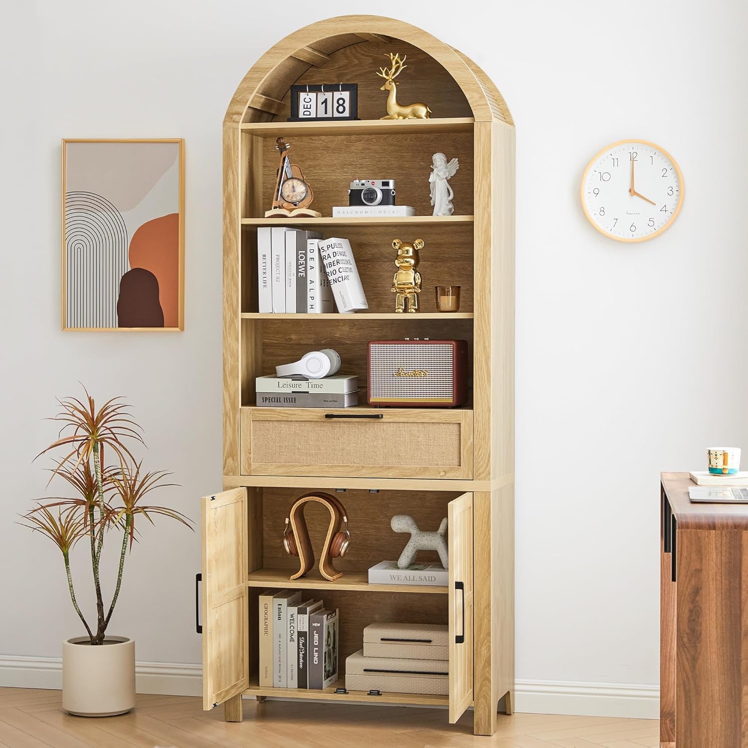 81" Tall Arched Bookcase, Arch Bookshelf with Doors Storage and Drawer, Modern Farmhouse Book Shelf with Adjustable Shelves, Wood Bookshelf W/Open Display for Living Room, Office Decor (Natural)