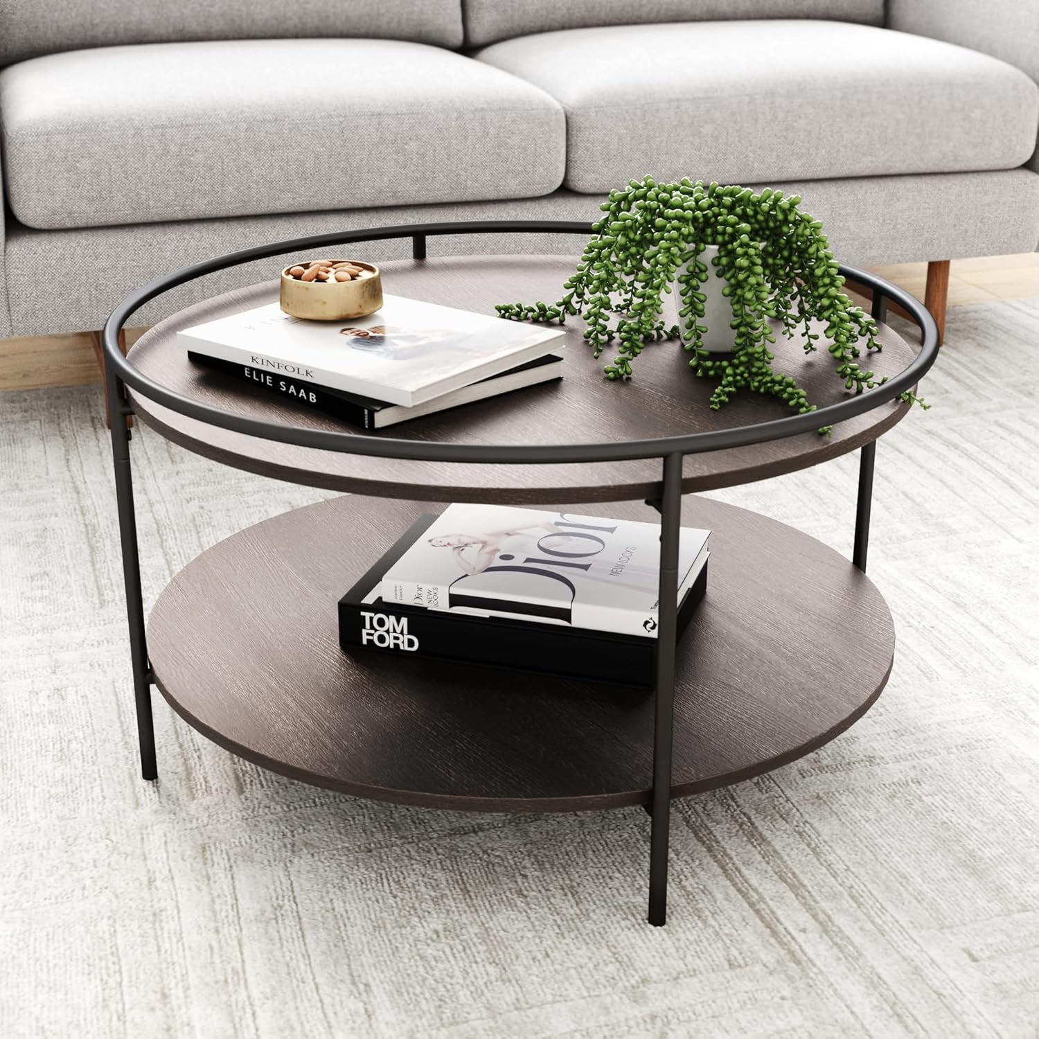 Paloma round Coffee Tea or Cocktail with Raised Tray Top Edge Tables, 2-Tier Minimalist Style Living Room, Dark Oak/Matte Black