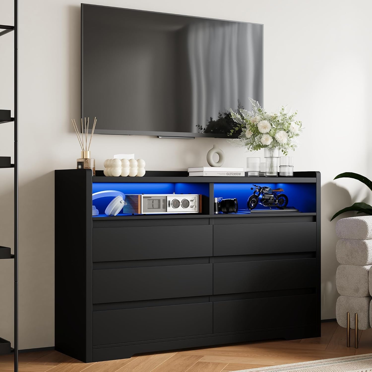 6 Drawer Dresser with Wall Hook, LED Lights & Power Outlet, Simply Chest of Drawers & Open Storage Shelves, Modern TV Stand Console Table Cabinet for Bedroom, Black