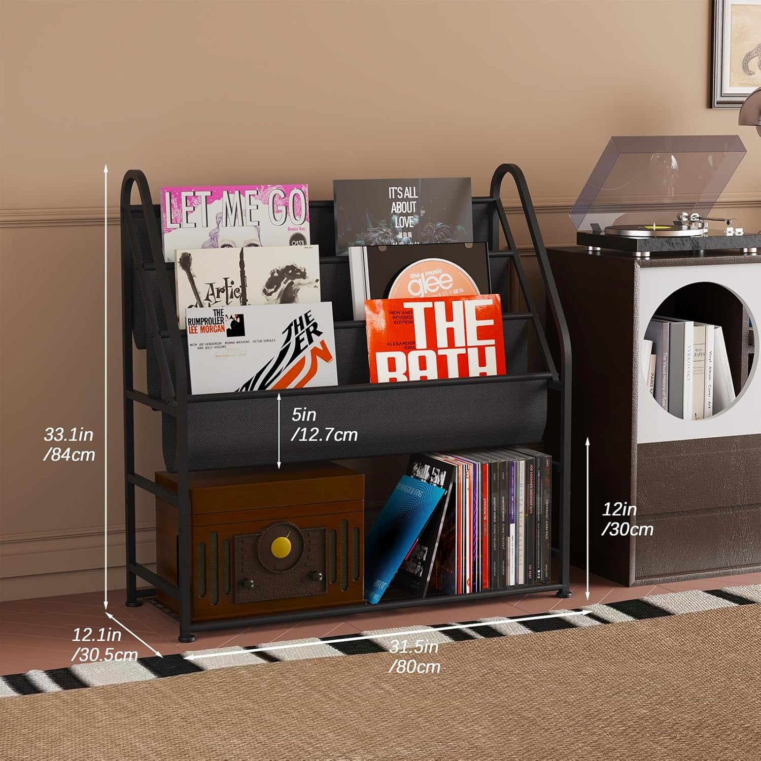 Vinyl Record Storage with Vinyl Shelf Display, Large Capacity Record Player Stand up to 300 Albums 12" D X 31" W X 33" H, Vinyl Record Holder for Lp/Cd/Dvd/Magazine/Books/Album, Black