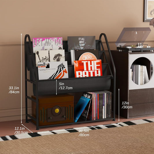Vinyl Record Storage with Vinyl Shelf Display, Large Capacity Record Player Stand up to 300 Albums 12" D X 31" W X 33" H, Vinyl Record Holder for Lp/Cd/Dvd/Magazine/Books/Album, Black