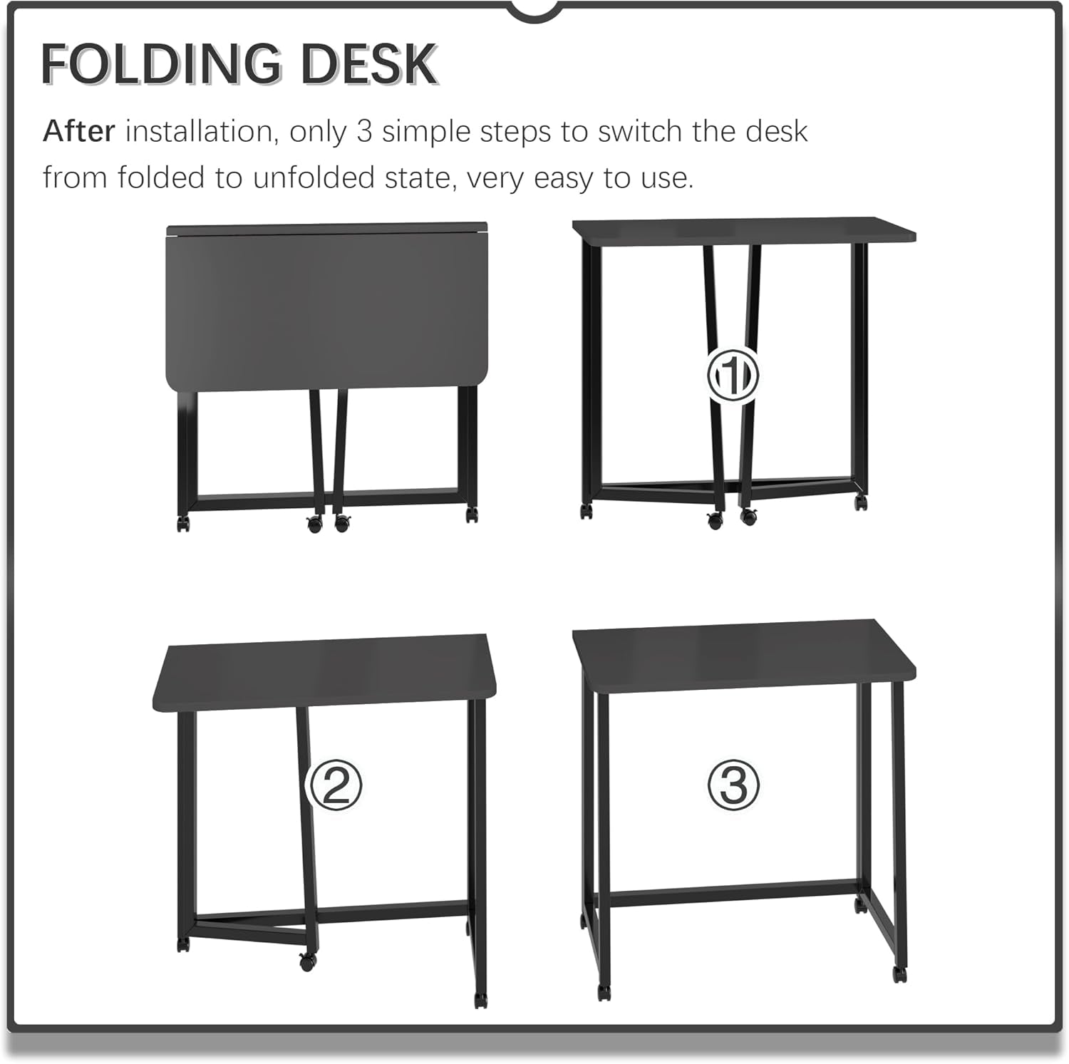 23.6" Mobile Small Folding Desk, Foldable Rolling Computer Home Office Desk, Study Writing Table for Small Space Saving Bedroom, with Wheels - All Black