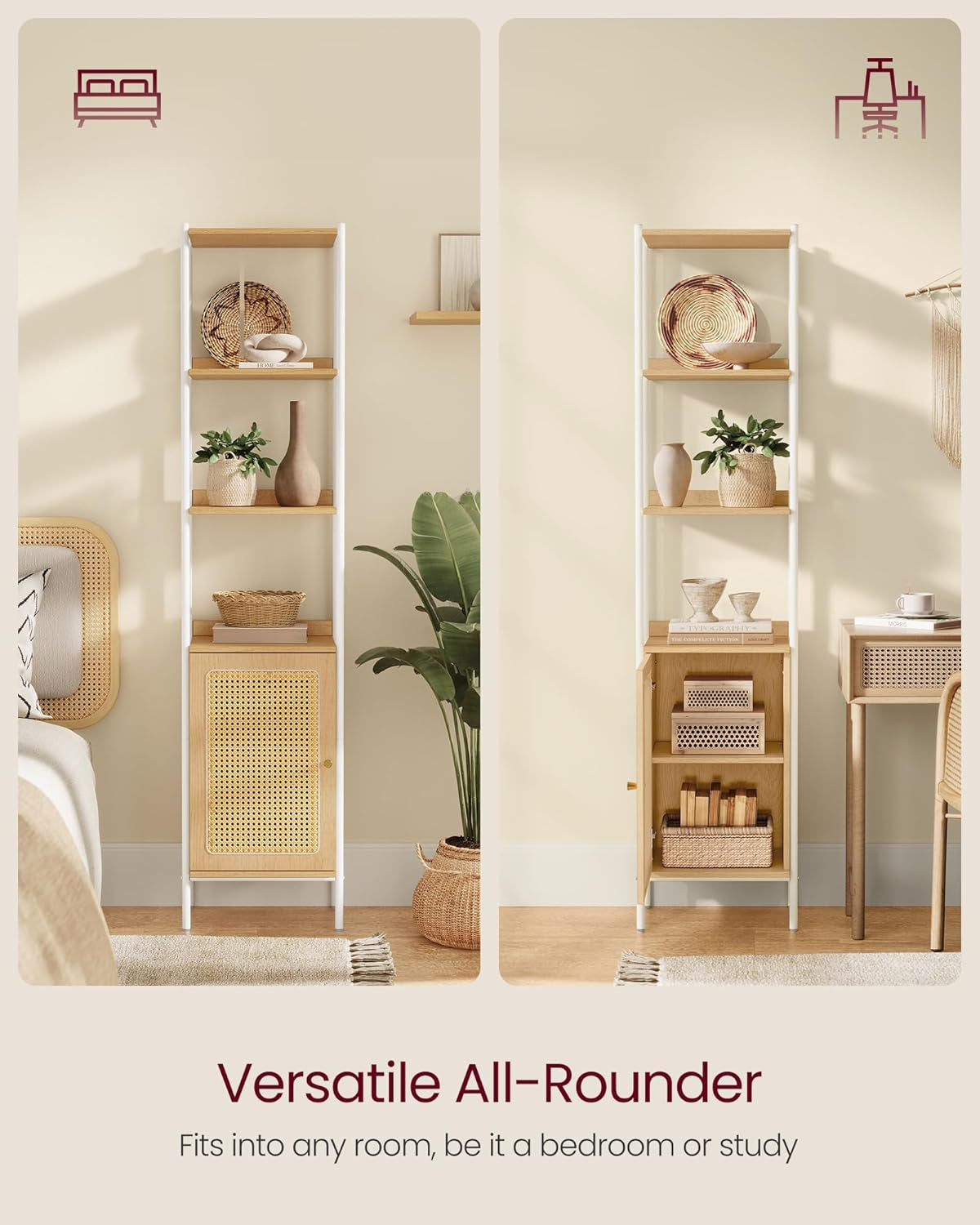 6-Tier Bookcase, Bookshelf with Rattan-Like Door, Boho Style, Freestanding 15.7-Inch Wide Storage Shelf, Metal Frame, Adjustable Shelf, for Living Room, Oak Beige and Pearl White ULLS122W57