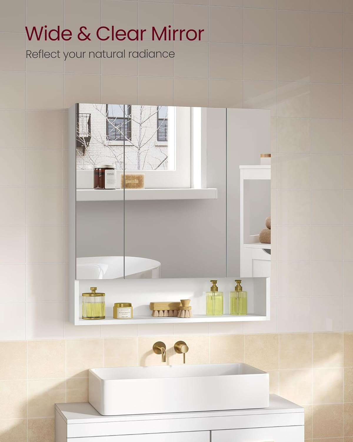 KAILYN Collection - Medicine Cabinet Mirror, Bathroom Wall Mirror Cabinet with Storage, Open Compartment, Adjustable Shelves, 6.5 X 27.6 X 29.5 Inches, Cloud White UBBK129W01