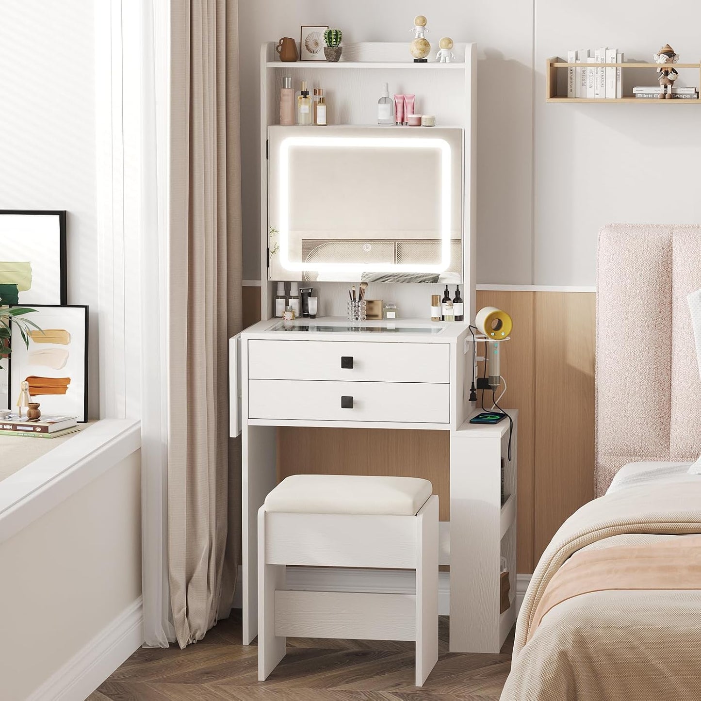 Small Makeup Vanity Desk with 3 Adjustable Lighted Mirror, White Vanity Set with Fold-Up Panel and Charging Station, Glass Top Dressing Table with Drawers and Chair, 2 Hidden Storage Shelves